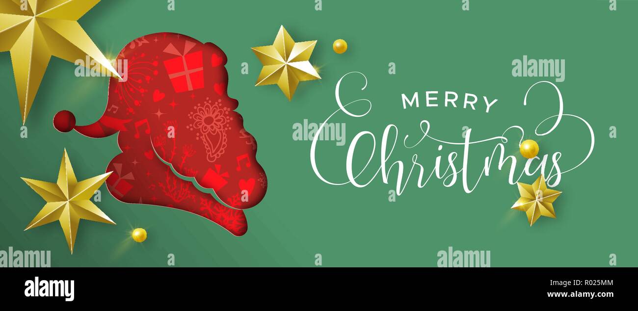 Joyeux Noël bannière web illustration. Coupe papier tête père noël silhouette découpe dans des couleurs festives. Effet 2 en 1 avec des étoiles d'or Illustration de Vecteur