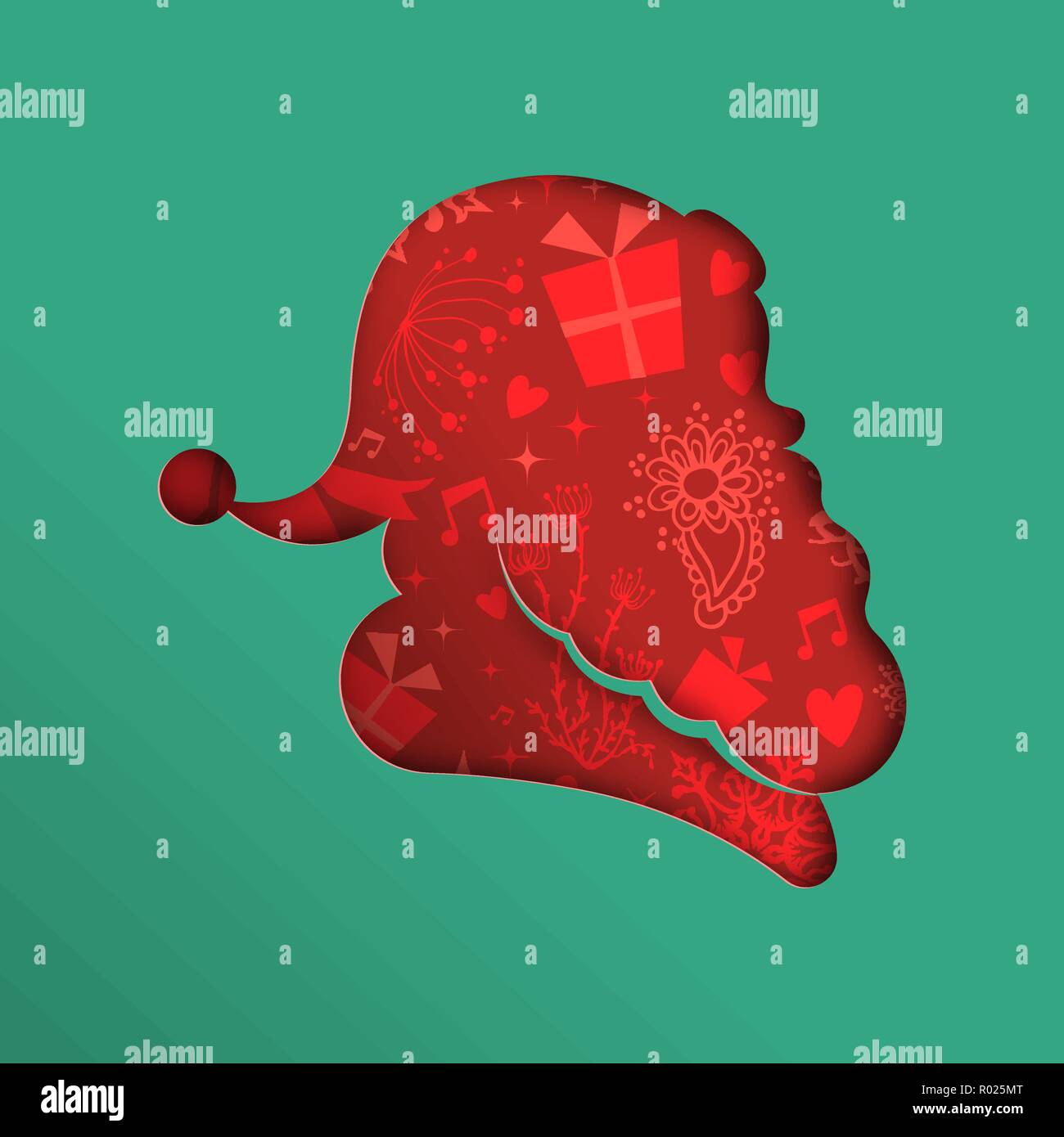 Modèle de carte de vœux de Noël, le père noël coupe papier head silhouette découpe dans des couleurs festives. Effet 2 en 1 avec la conception de l'espace de copie. Illustration de Vecteur