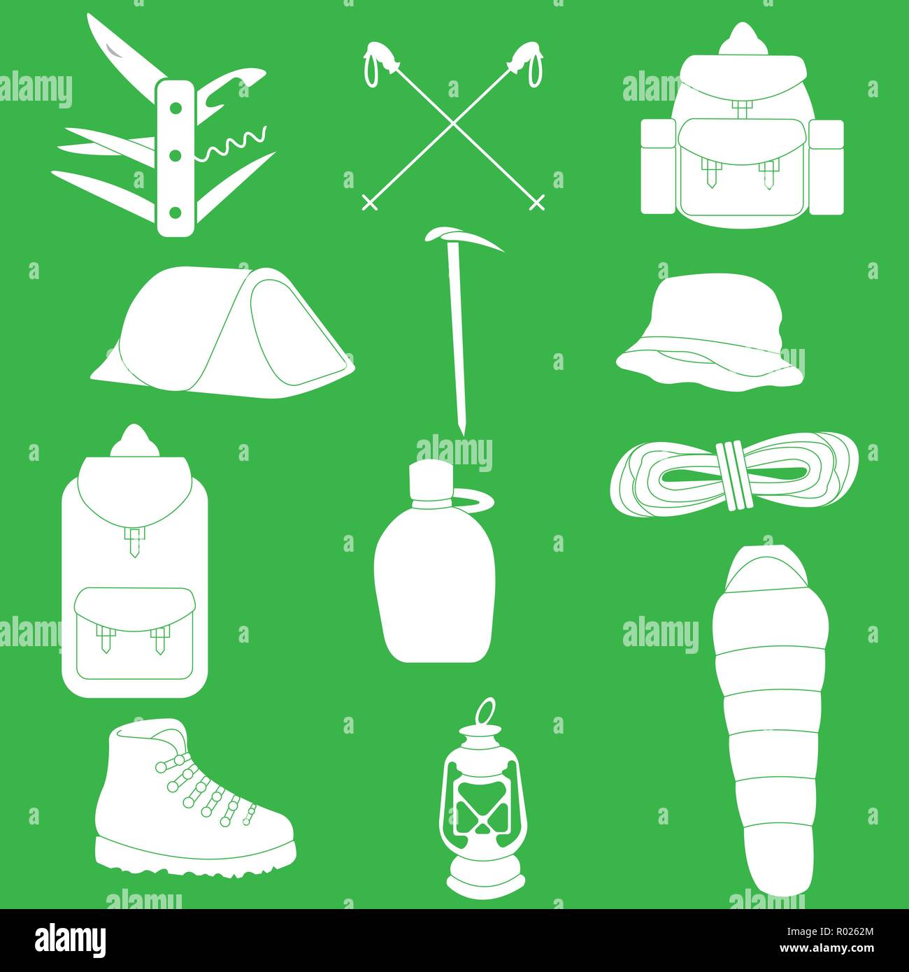 Douze objets nécessaires pour la randonnée et l'alpinisme Illustration de Vecteur