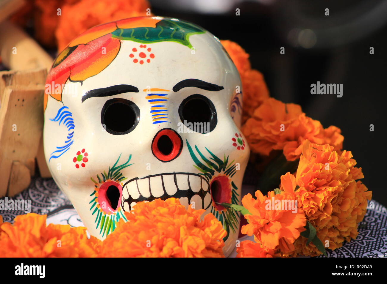 Crâne en sucre traditionnel dans le Jour des Morts autel afficher Banque D'Images