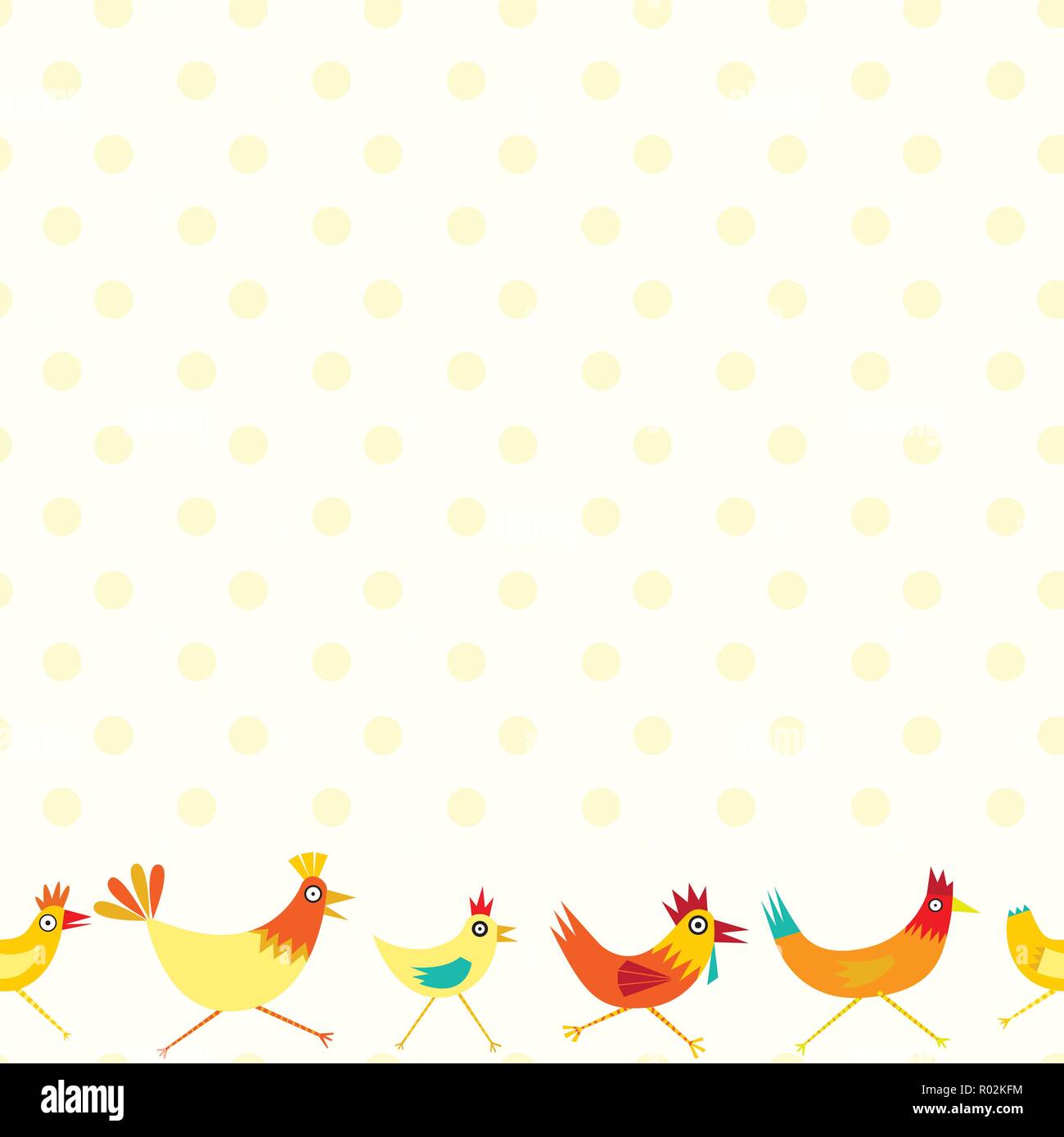 Schéma de répétition sans couture colorée de jaune et orange poulets avec pois jaune sur fond blanc Illustration de Vecteur
