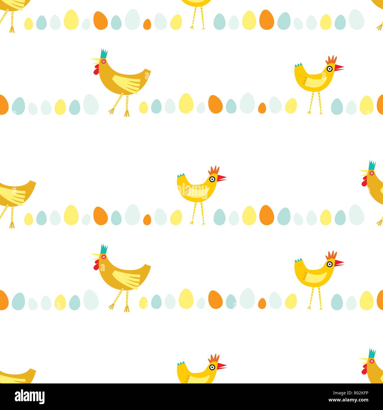 Schéma de répétition sans couture colorée de jaune et orange de poulets en lignes horizontales sur un fond blanc Illustration de Vecteur