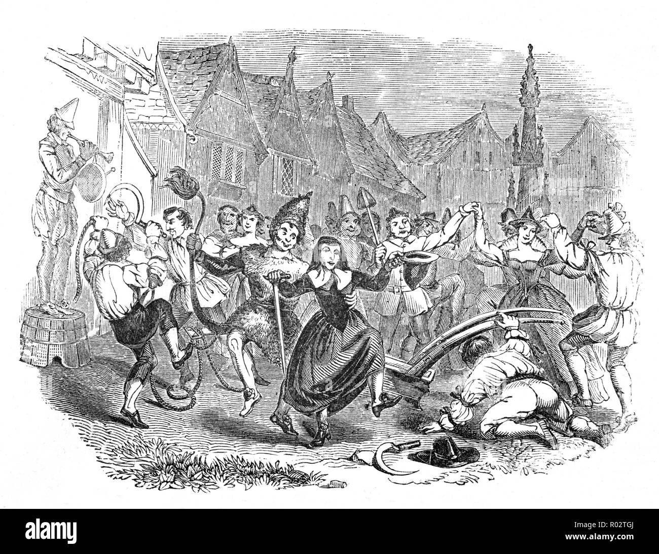 L'ancien festival anglais, charrue lundi a été le premier lundi après le 6 janvier et était le jour où les choses allaient revenir à la normale après les douze jours de Noël que les gens sont retournés au travail. Le premier jour de la nouvelle année agricole, trente ou quarante hommes, dépouillés de leurs chemises blanches propres, décorées avec des rubans de couleur-gay attachés en gros noeuds et d'arcs, faites glisser le long d'une charrue. Ils sont généralement accompagnés d'une vieille femme, un garçon ou un compatriote humoristiques pour représenter un imbécile qui porte une boîte pour recueillir de l'argent des spectateurs. Ils sont accompagnés par des musiciens et danseurs de Morris. Banque D'Images