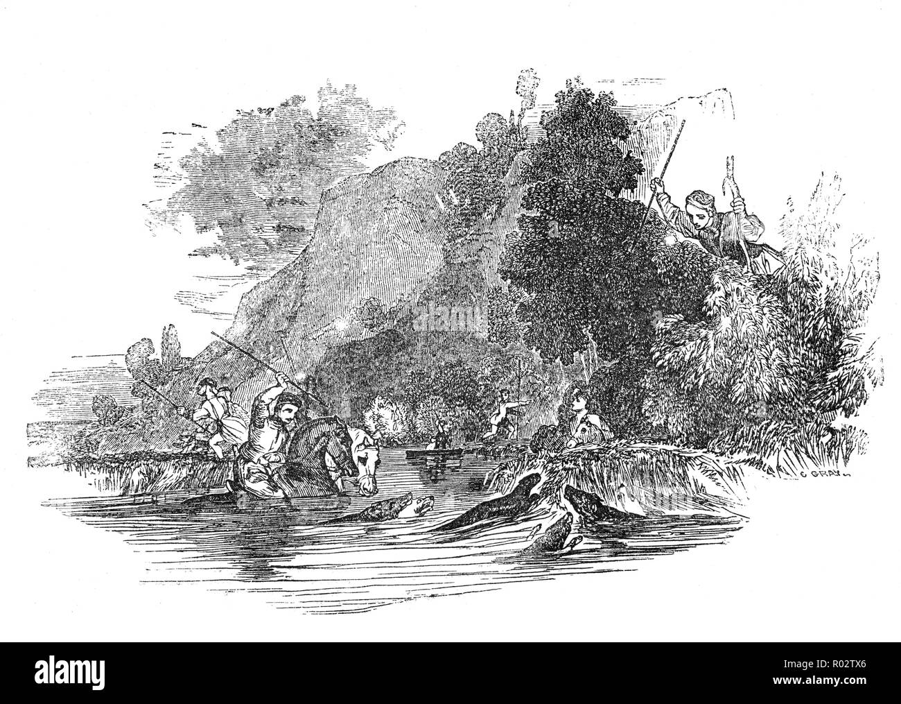 La chasse de la loutre médiévale en Angleterre était autrefois un sport de mariniers, sine la loutre est immangeable. Elle consistait en la recherche des chasseurs de la rivière jusqu'à ce que leur carrière a été vu. Chien de chasse ont été utilisés dans le parcours et l'Otter a été soit tués par eux ou expédiés par un chasseur sur la rive du fleuve. Banque D'Images