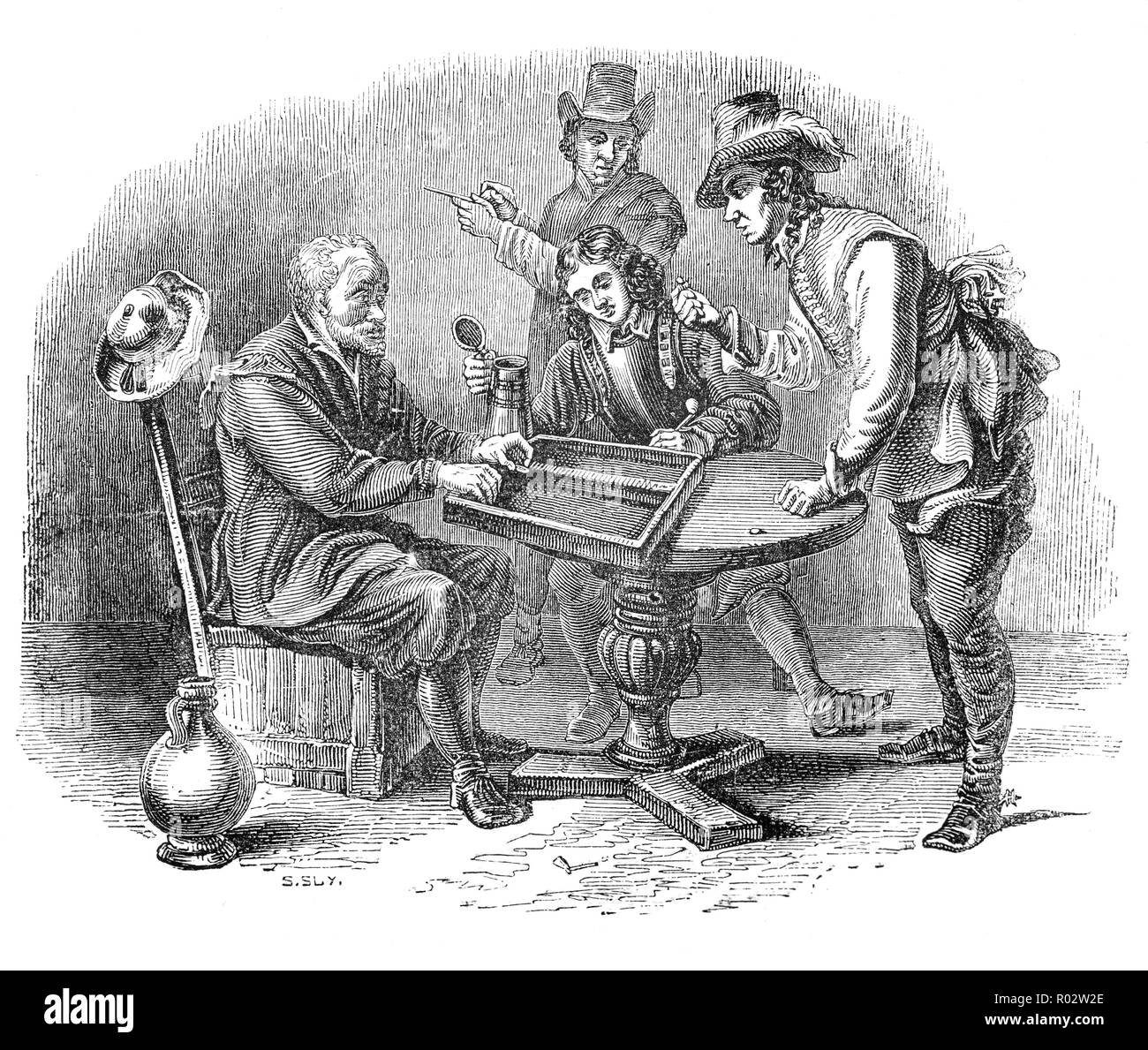 17e siècle les joueurs de trictrac, une variante du jacquet, très populaire durant les 17e et 18e siècles dans les cercles aristocratiques de la France. C'est un motivé à deux joueurs jeu qui se joue avec des dés sur une plate-forme semblable à celle de backgammon. L'intérêt ludique réside dans le grand nombre de combinaisons, dans l'importance de la prise de décisions et dans ses règles très réussie. Il exige une attention constante de la part de joueurs si c'est leur tour de jouer. Banque D'Images