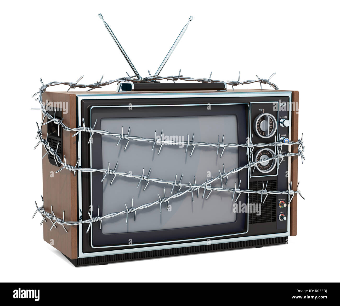 Téléviseur avec les barbelés. Concept TV interdite. Le rendu 3D Banque D'Images Téléviseur avec les barbelés. Concept TV interdite. Le rendu 3D Banque D'Images