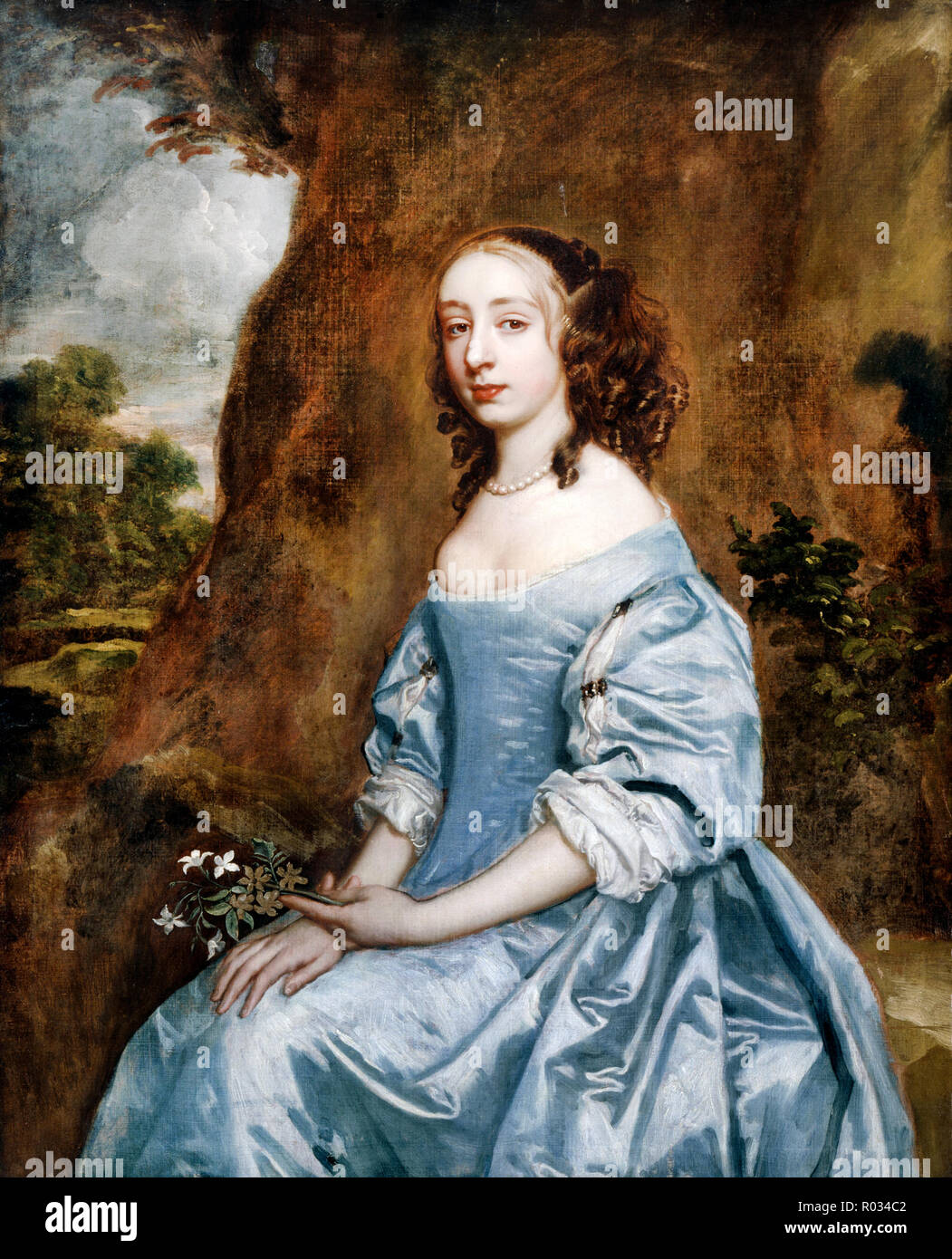 Peter Lely, Portrait de femme en bleu tenant une fleur, vers 1660 huile sur toile, Dulwich Picture Gallery, Londres, Angleterre. Banque D'Images