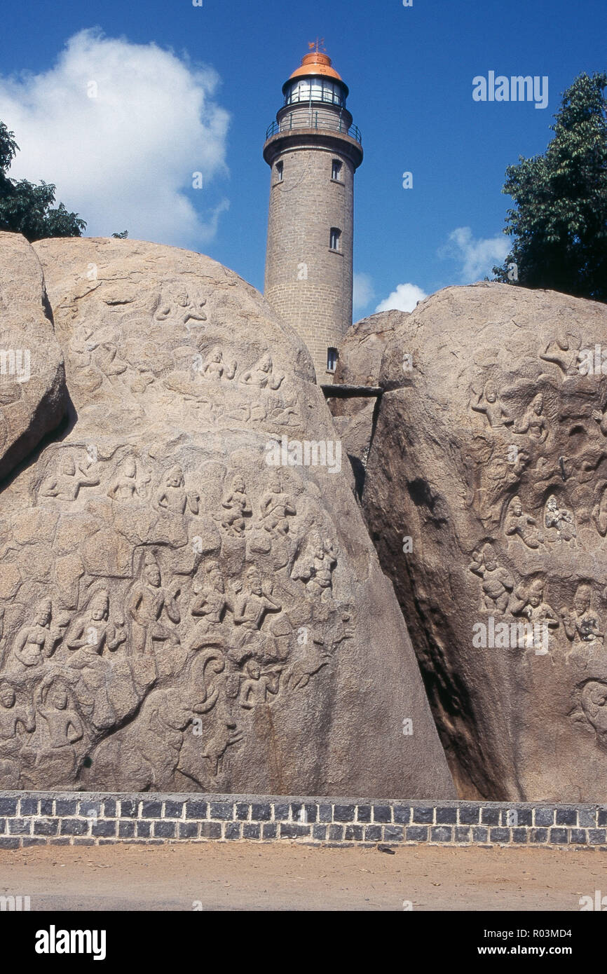 Vue sur le phare de Mahabalipuram, Mamallapuram, Tamil Nadu, Inde, Asie Banque D'Images