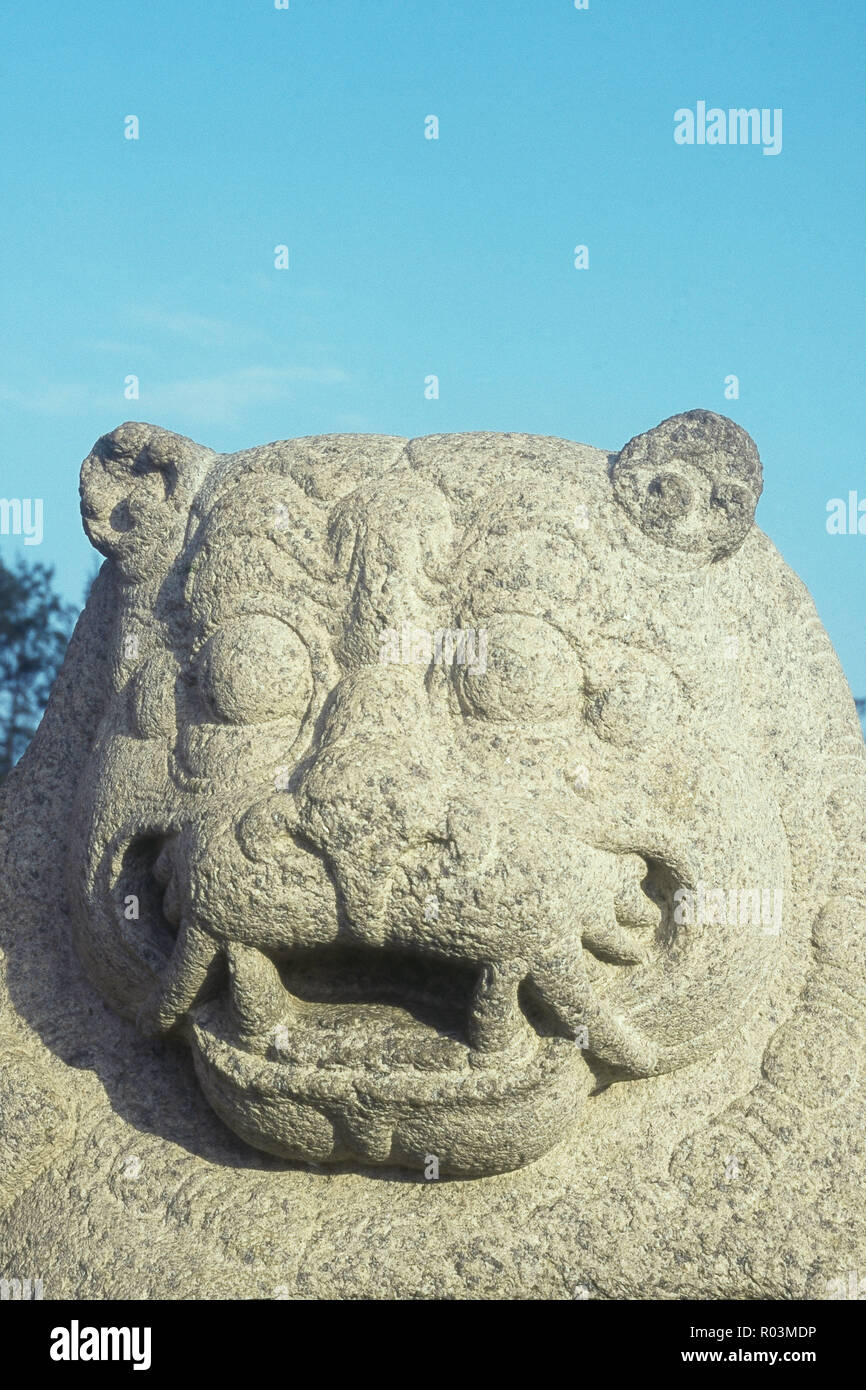 Face Lion statue, Shore Temple, Mamallapuram, Tamil Nadu, Inde, Asie Banque D'Images