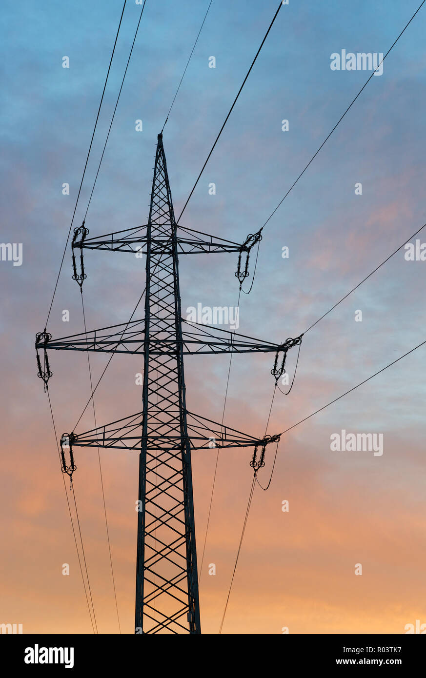 Haut entraver d'une puissance électrique de 220 kilovolts pylône (lattice boom) avec 6 phases et un fil de masse optique Banque D'Images