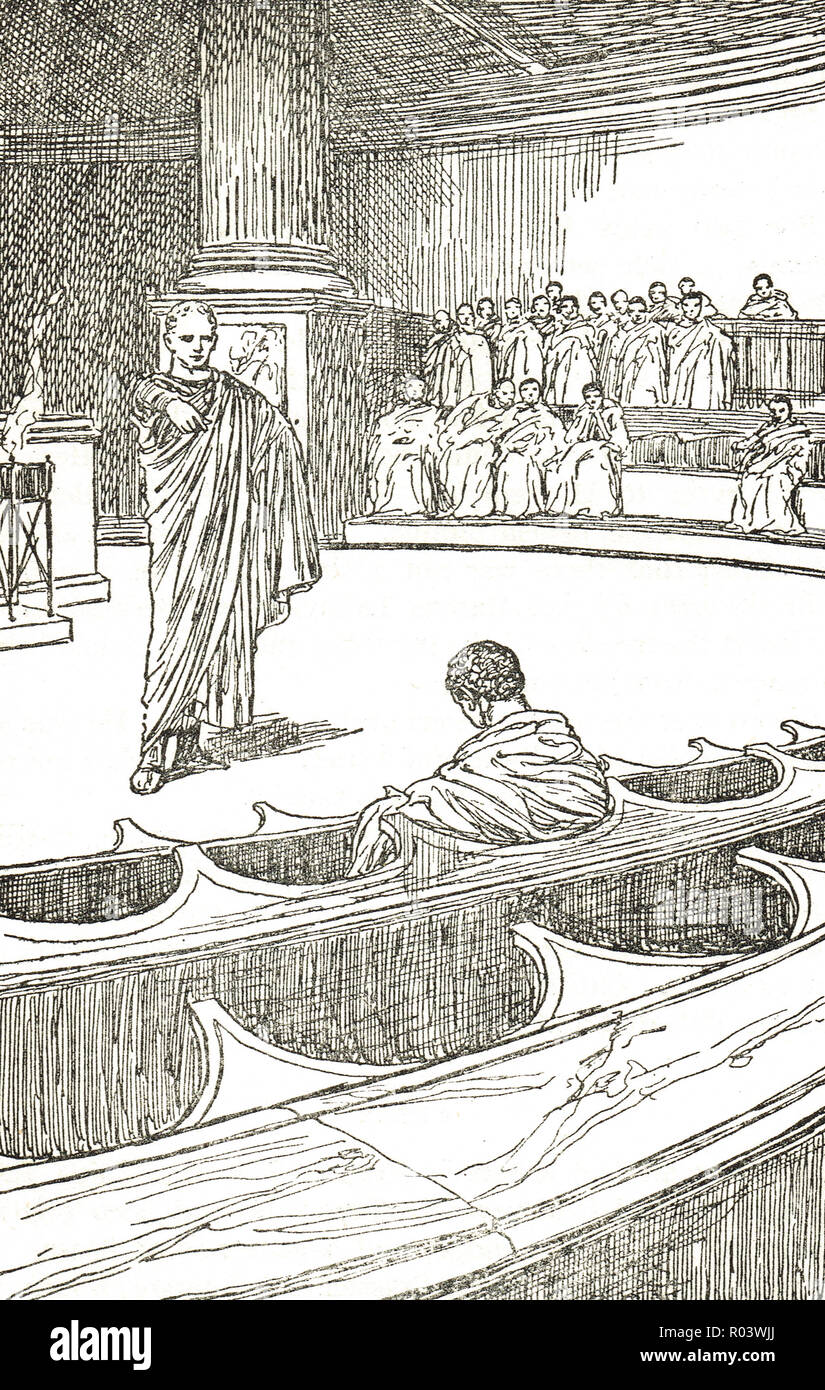 Marcus Tullius Cicero dénonçant Lucius Sergius Catilina. La Cataline conspiration pour renverser la république romaine en 63 av. Banque D'Images