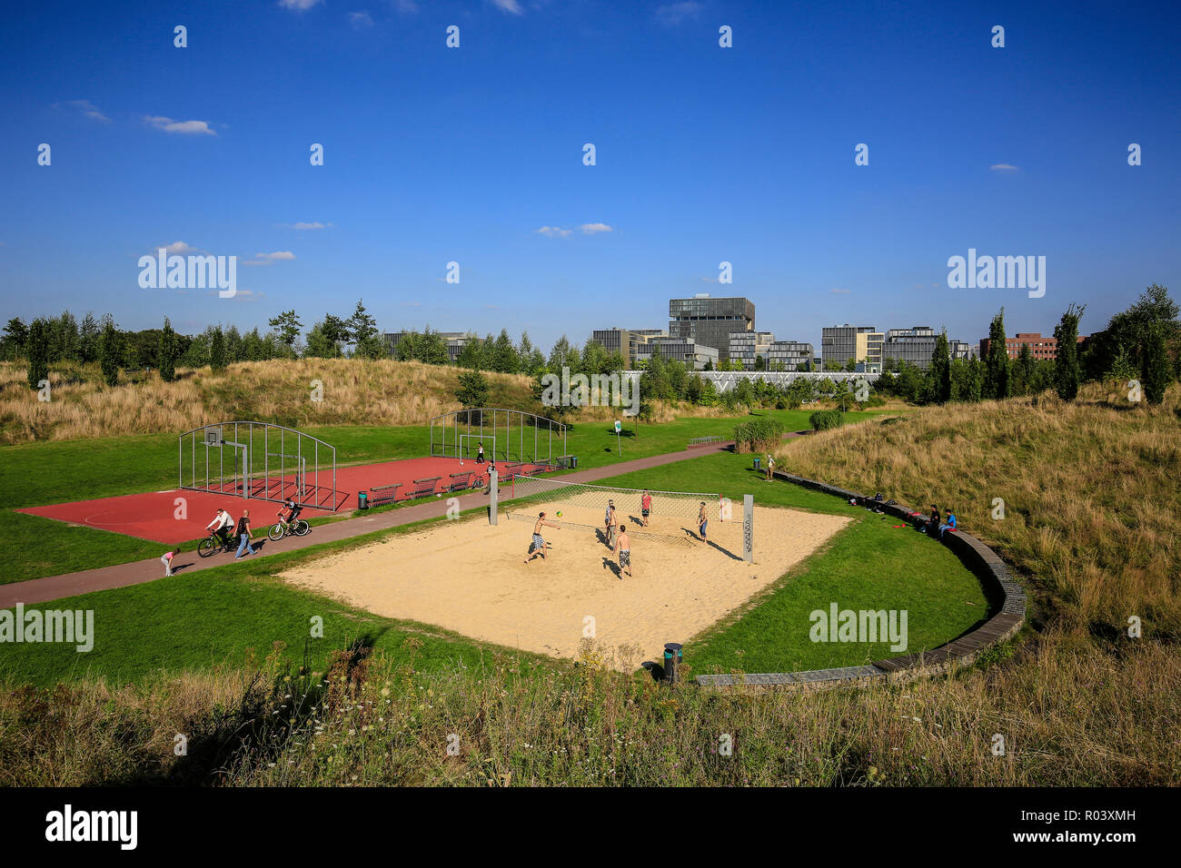 Essen, Ruhr, Allemagne, Krupp-Park, beach-volley, un projet de développement urbain Krupp-Guertel Banque D'Images