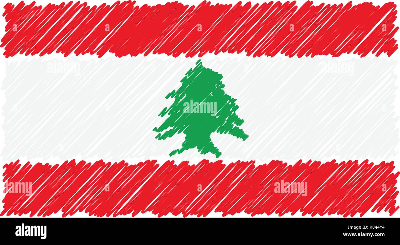 Drapeau national à la main du Liban isolé sur un fond blanc. Vector Illustration Style de croquis. Illustration de Vecteur