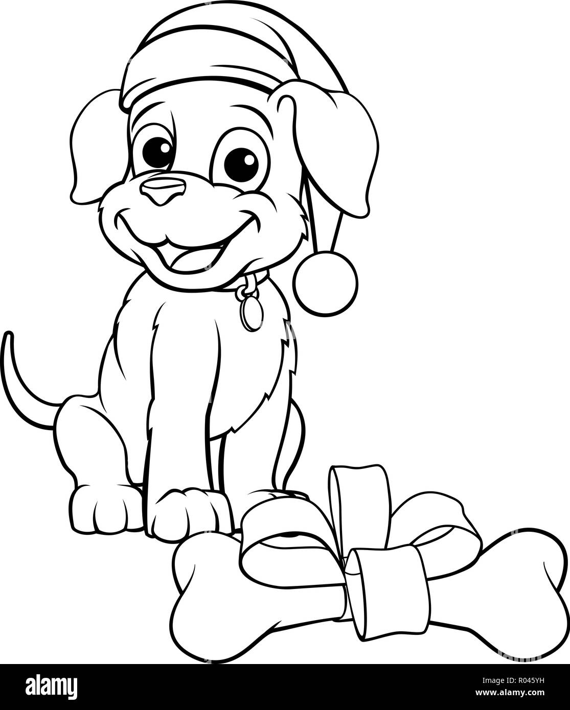 Pet Dog in Christmas Santa Claus Hat et os Cadeau Illustration de Vecteur
