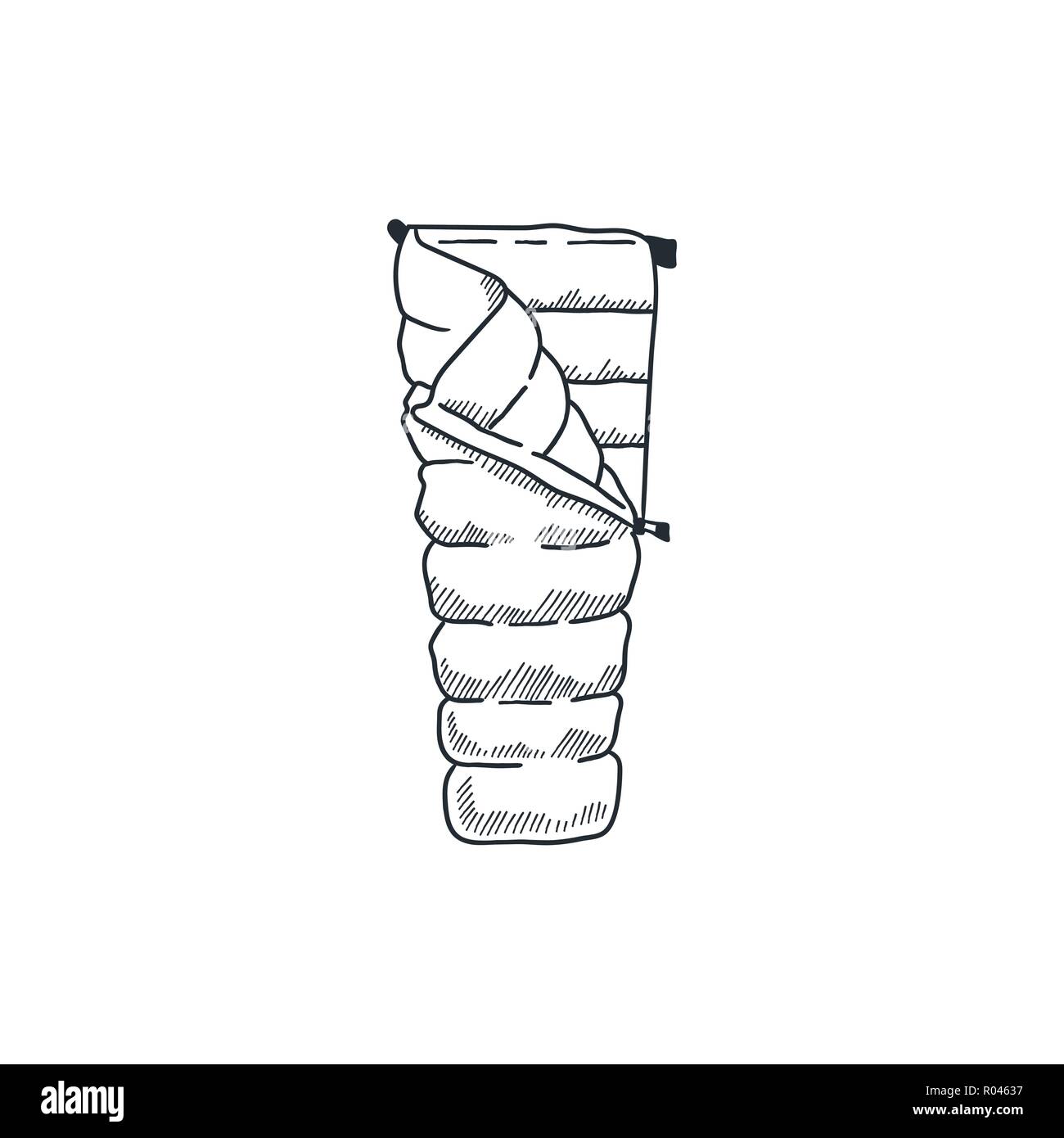 L'icône de couchage sac noir. L'art de la ligne d'équipement de randonnée pictogramme. Isolé sur fond blanc Illustration de Vecteur