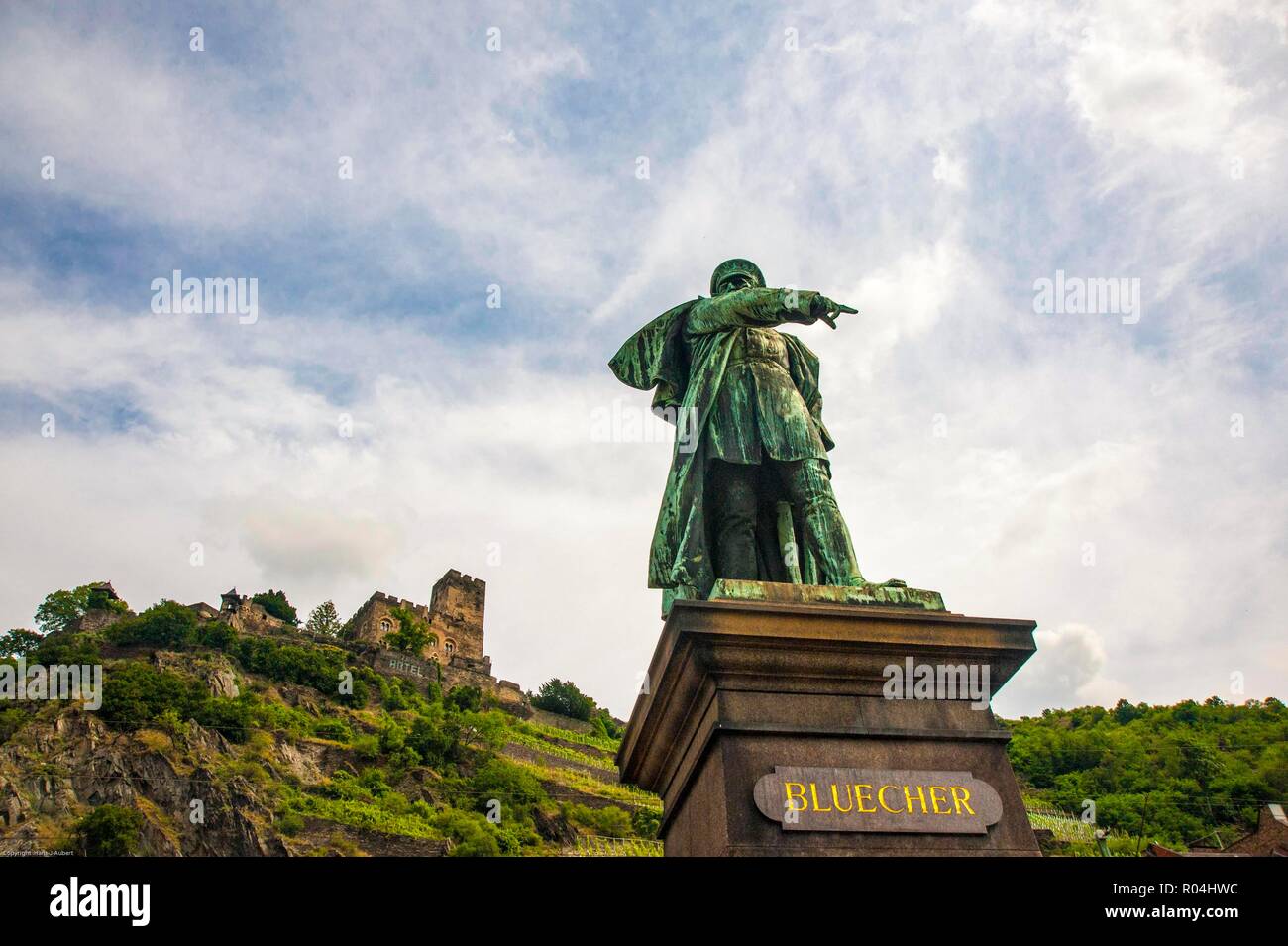 Allemagne, KAUB, Statue du général Bluecher qui ont traversé le Rhin gelé à Kaub avec son armée en janvier 1814 à repousser, Napolen Banque D'Images