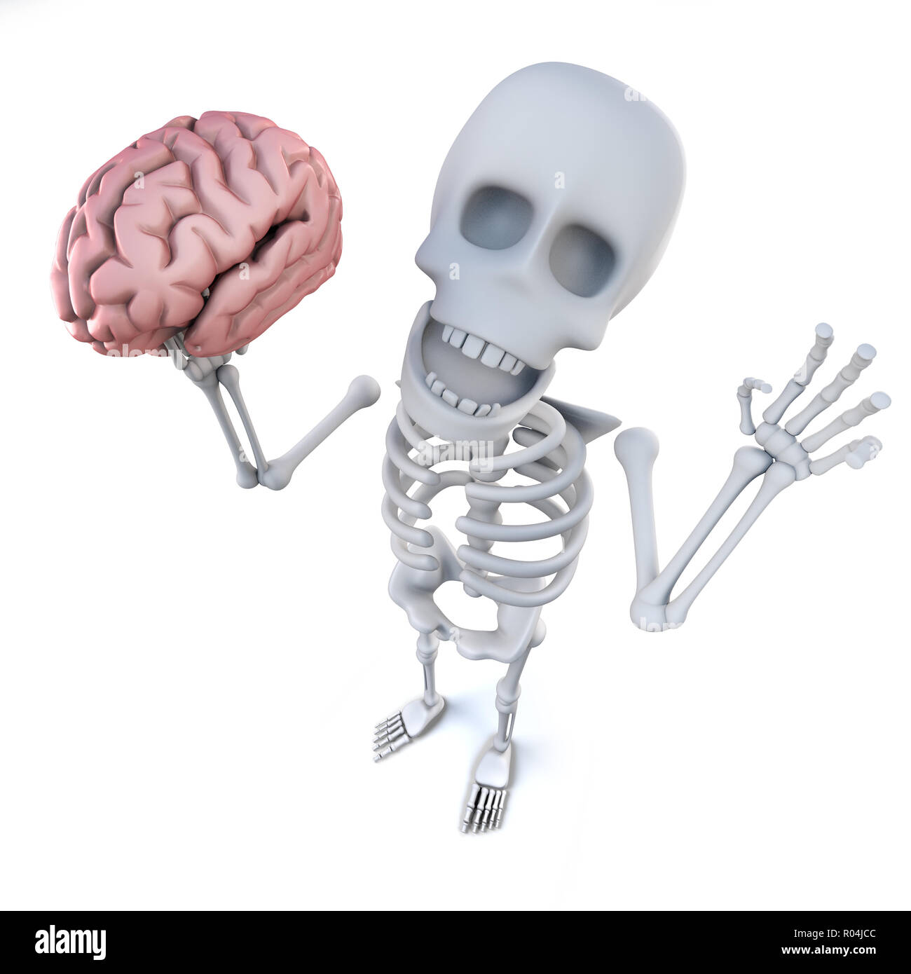 3D render of a funny cartoon caractère squelette tenant un cerveau humain Banque D'Images