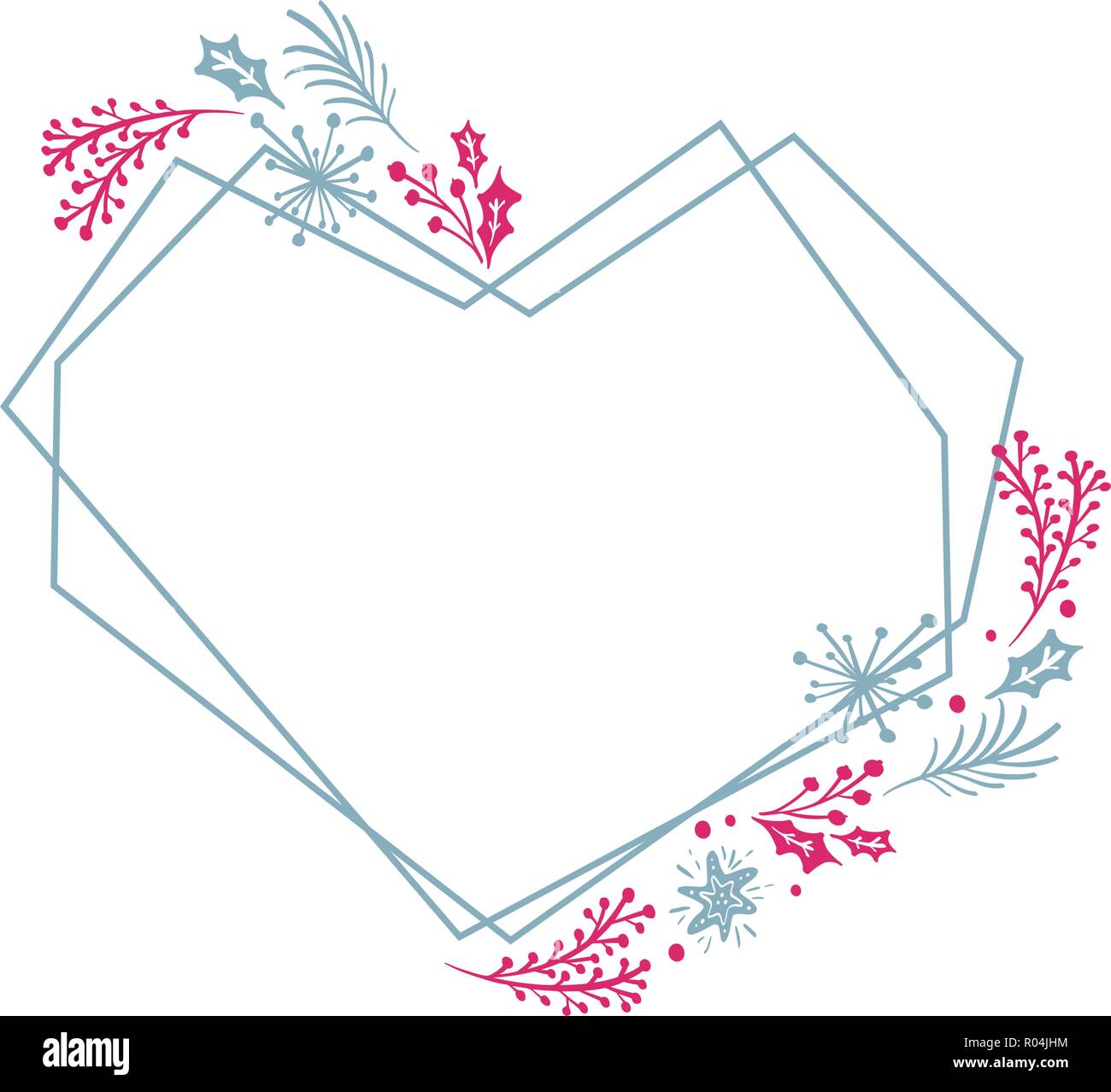 Guirlande de Noël coeur dessiné à la main cadre géométrie carré stylisé de carte avec des fleurs et des feuilles. Vector illustration scandinave avec place pour votre texte Illustration de Vecteur
