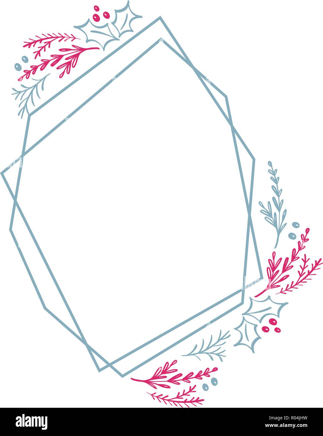 Couronne de Noël à la main cadre géométrie carré stylisé de carte avec des fleurs et des feuilles. Vector illustration scandinave avec place pour votre texte Illustration de Vecteur