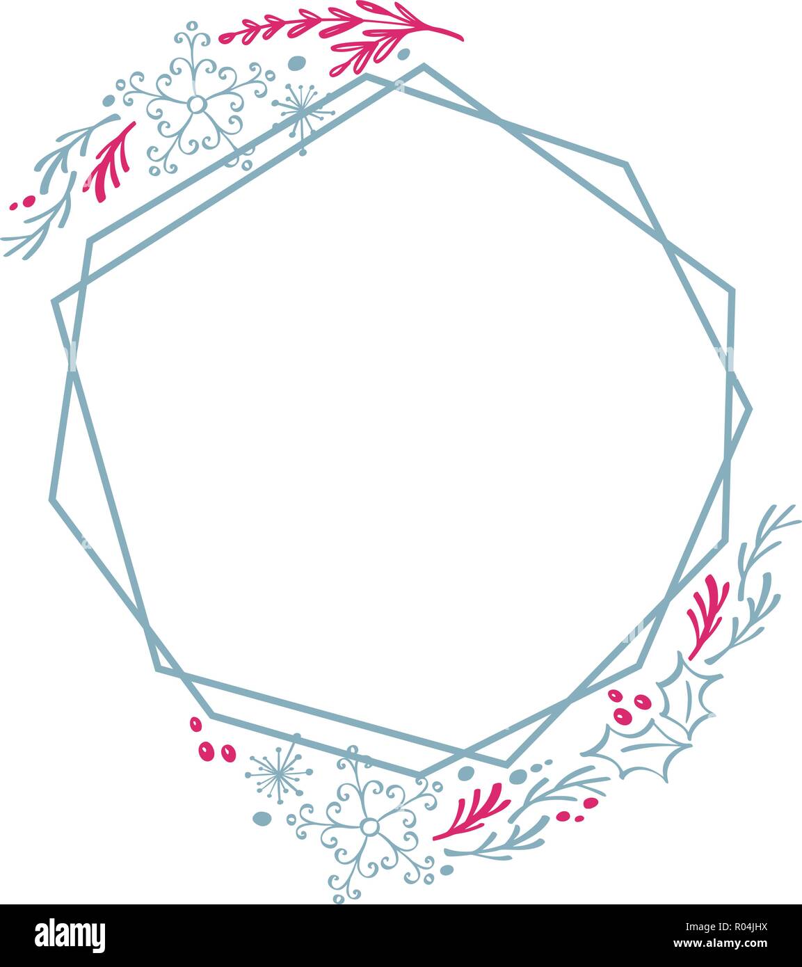 Couronne de Noël à la main cadre géométrie carré stylisé de carte avec des fleurs et des feuilles. Vector illustration scandinave avec place pour votre texte Illustration de Vecteur