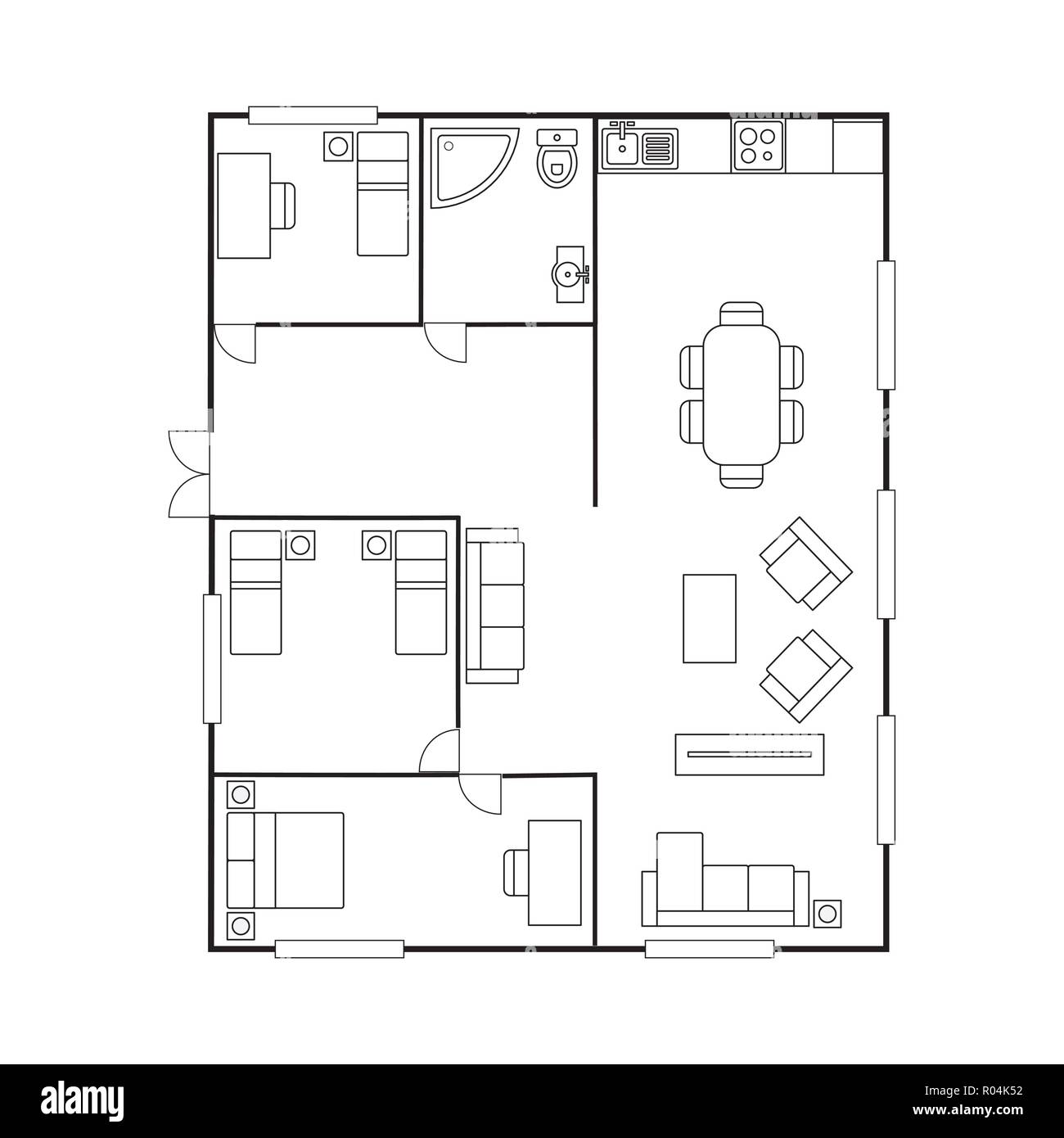 Plan d'architecture avec des meubles. Plan d'étage chambre, isolé sur fond blanc,stock vector illustration Illustration de Vecteur