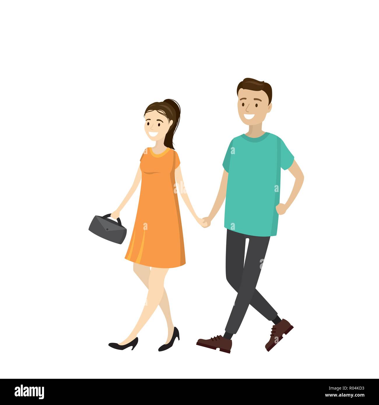 Une paire de jeunes sont à pied et tenir la main,isolé sur fond blanc,cartoon vector illustration Illustration de Vecteur