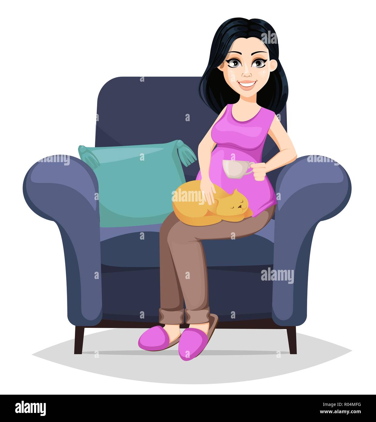 Femme Enceinte Belle Dame Se Prepare A Etre Une Mere Mignon Personnage Est Assis Sur Un Fauteuil Confortable Et D Avc Un Chat Vector Illustration Iso Image Vectorielle Stock Alamy