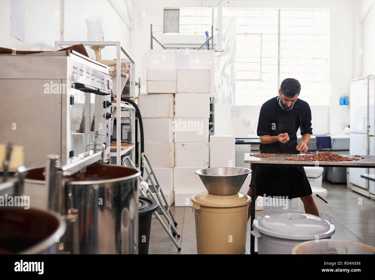 Worker checking les fèves de cacao de qualité dans une usine de chocolat Banque D'Images