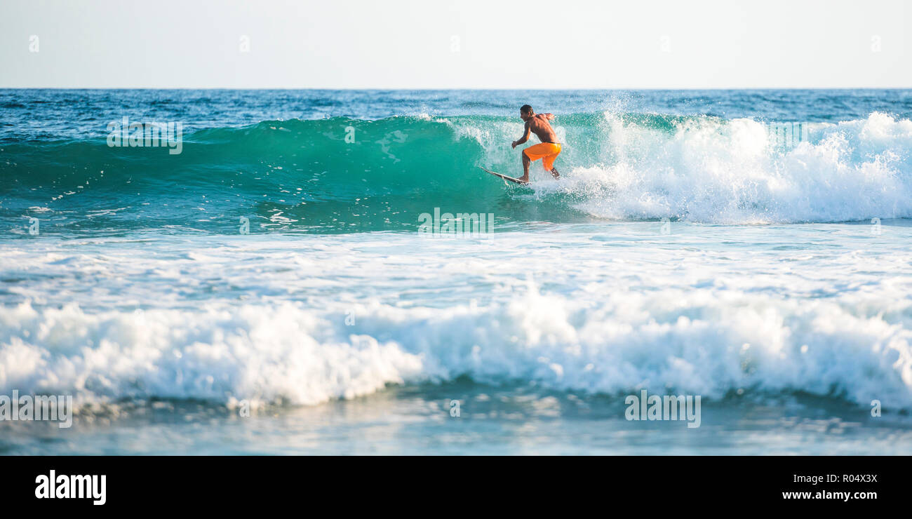 Surfers surf sur une plage, Nosara, Province de Guanacaste, sur la côte du Pacifique, le Costa Rica, Amérique Centrale Banque D'Images