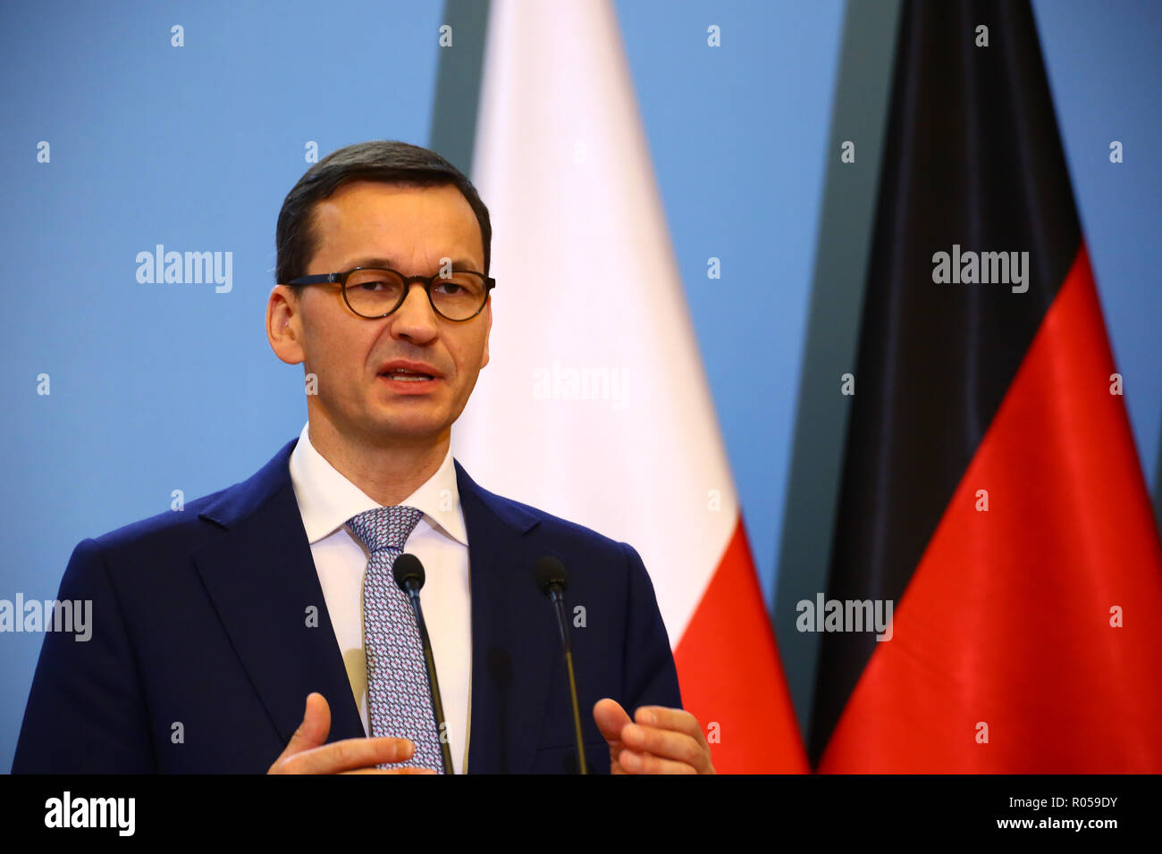 Varsovie, Pologne, 2 novembre 2018 : Premier Ministre Mateusz Morawiecki a tenu une conférence de presse conjointe avec la Chancelière Merkel après consultations gouvernementales germano-polonaise. ©Jake Ratz/Alamy Live News Banque D'Images