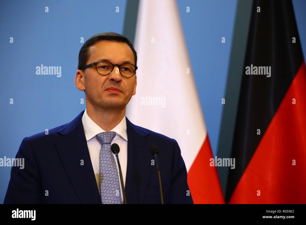 Varsovie, Pologne, 2 novembre 2018 : Premier Ministre Mateusz Morawiecki a tenu une conférence de presse conjointe avec la Chancelière Merkel après consultations gouvernementales germano-polonaise. ©Jake Ratz/Alamy Live News Banque D'Images