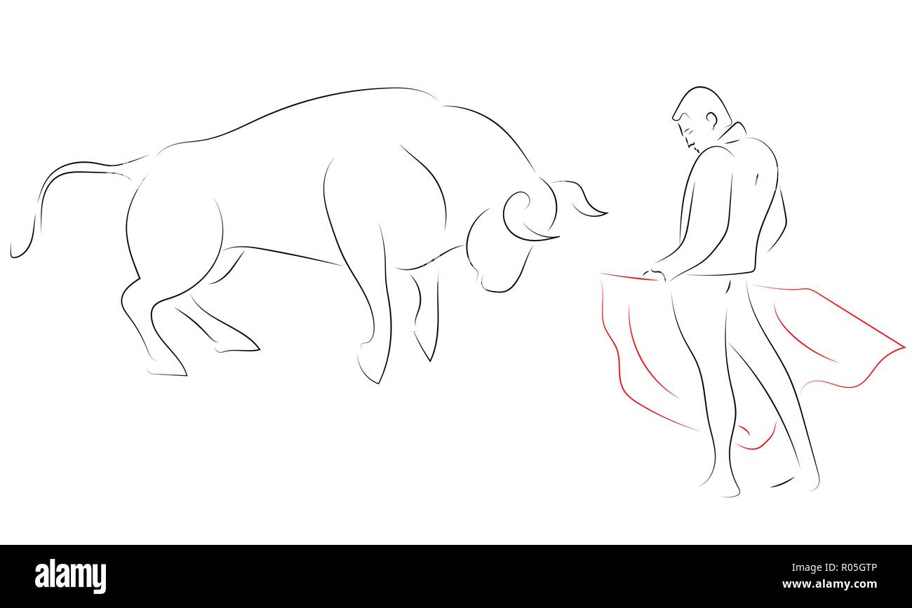 La ligne noire, corrida - matador, c'est le torero, contre le taureau - sur fond blanc. Dessin à la main. Style de dessin graphique. Illustration de Vecteur