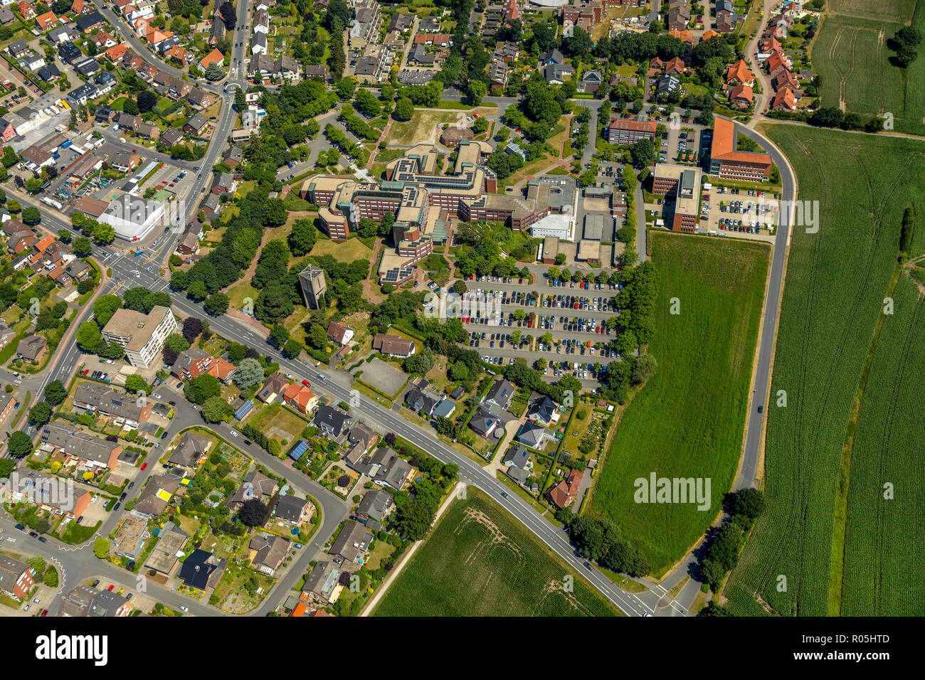 Vue aérienne de l'administration du district, Warendorf, département de la santé Warendorf -- Kreishaus, véhicule de l'enregistrement de la police du comté de Warendorf, departme Banque D'Images