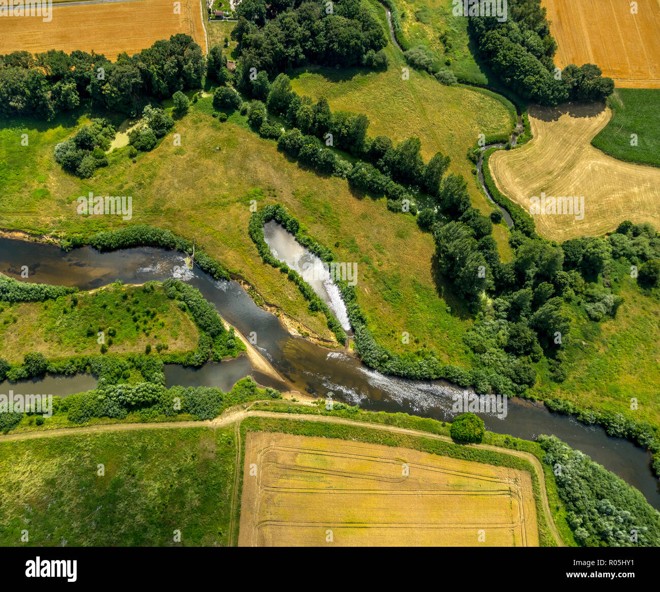 Vue aérienne, river, rivière des Prairies, près de l'un, Warendorf, Münsterland, Rhénanie du Nord-Westphalie, Allemagne, Europe, DEU, oiseaux-lunettes de vue, vue aérienne, aeria Banque D'Images