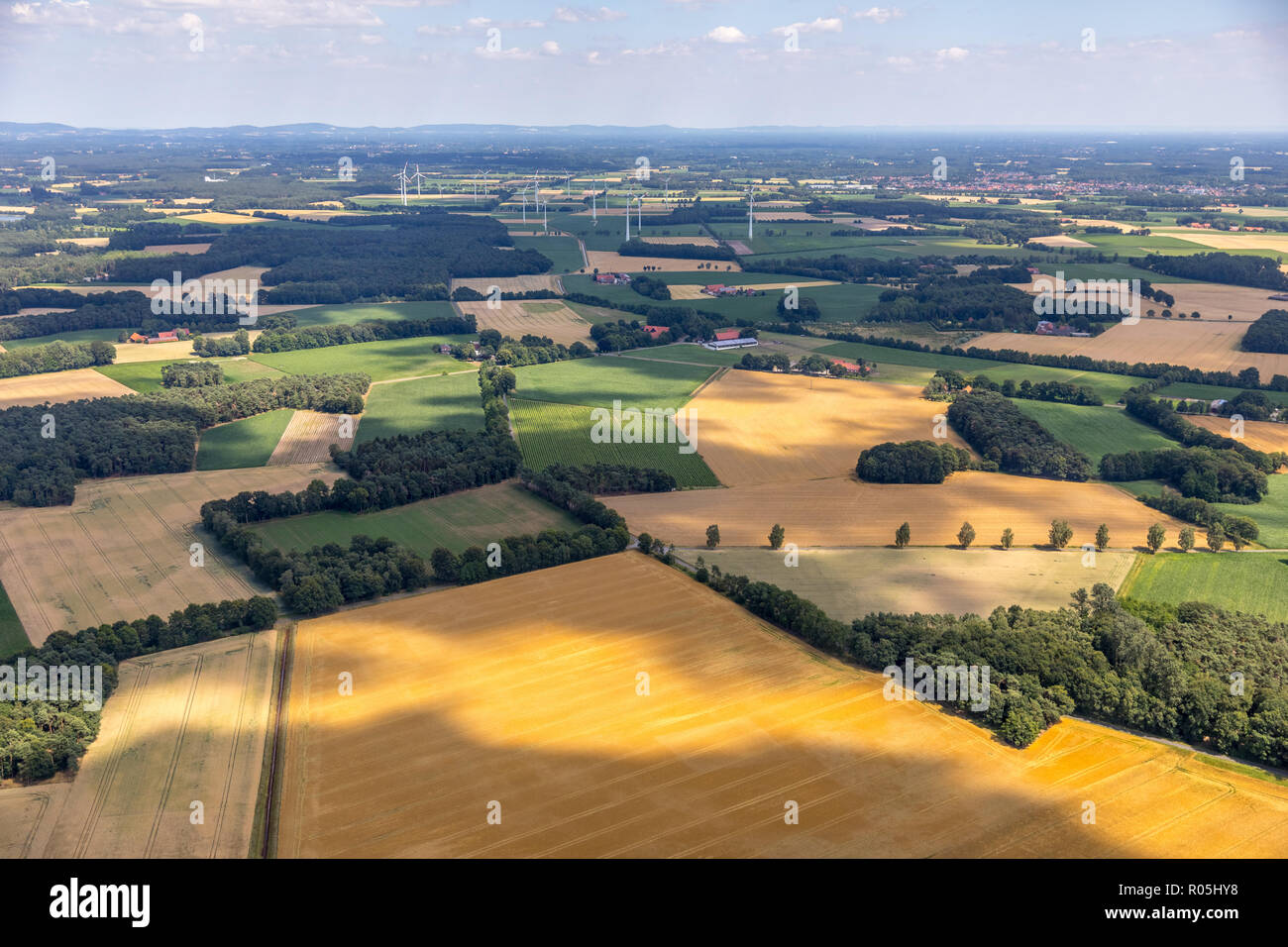 Vue aérienne, champs et prairies près de Milte, Gerstenbrock, à côté de l'élevage et le commerce de la viande & Würstmann GmbH & Co., Warendorf, Münsterland, Amérique du Rhine-West Banque D'Images