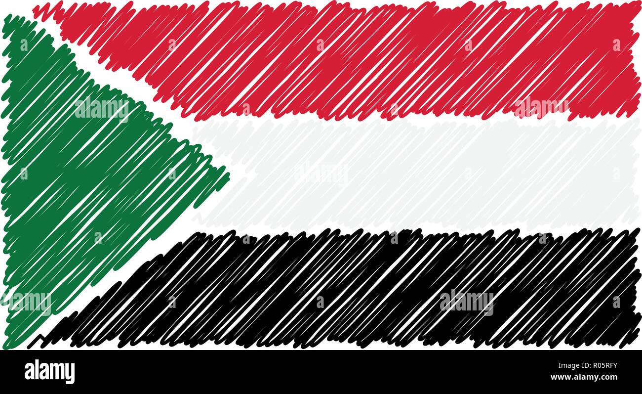 Drapeau national à la main du Soudan isolé sur un fond blanc. Vector Illustration Style de croquis. Illustration de Vecteur