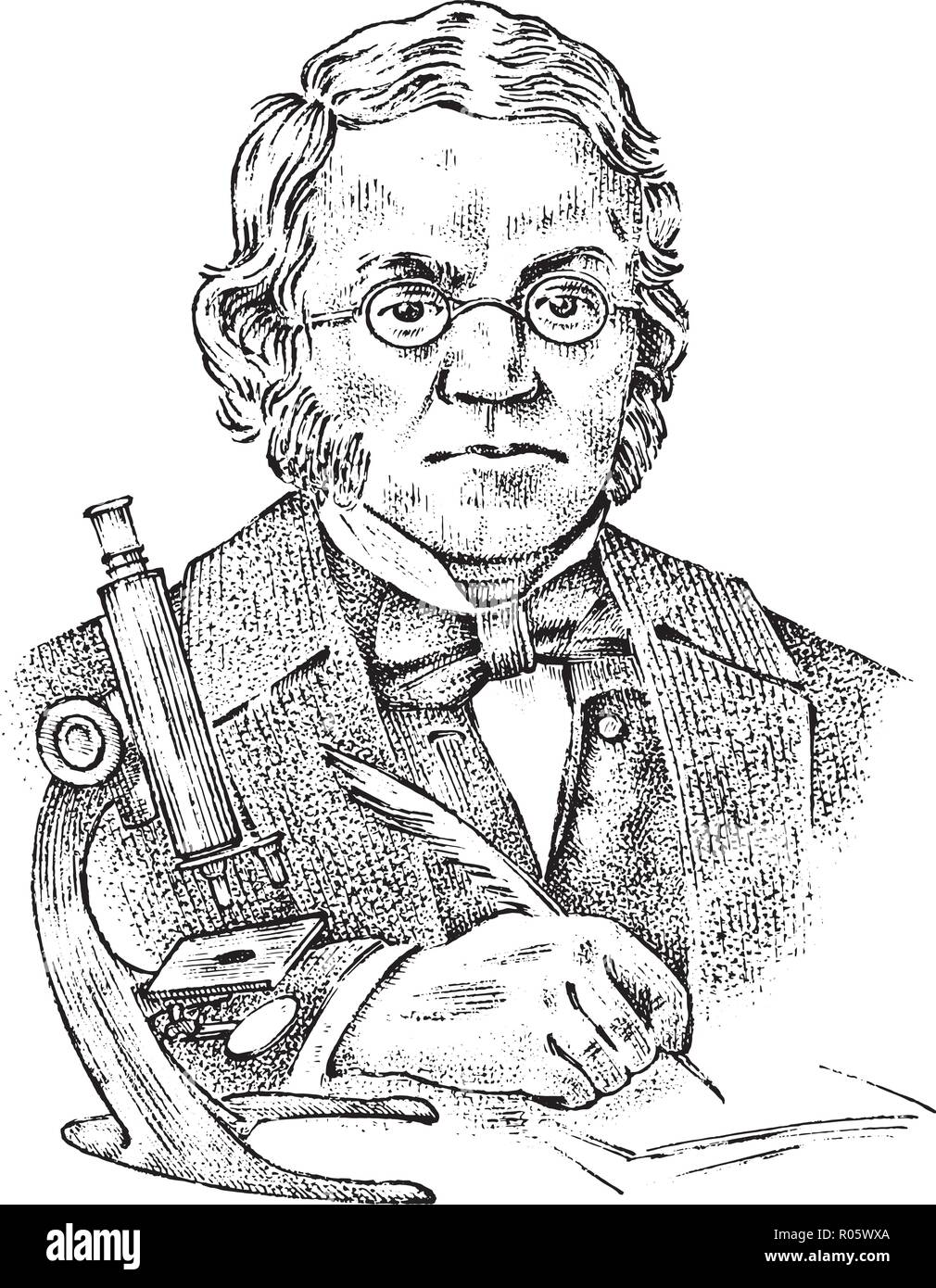 Biologiste à un microscope. Personnes âgées le professeur scientifique avec des lunettes. Portrait d'un homme. Vintage style victorien. Croquis dessinés à la main, gravée. Illustration de Vecteur