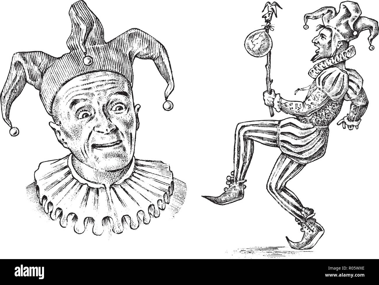 Funny jester dans fool s pac. En costume de clown. Comédien de caractère. Vintage engraved illustration. Style monochrome. Illustration de Vecteur