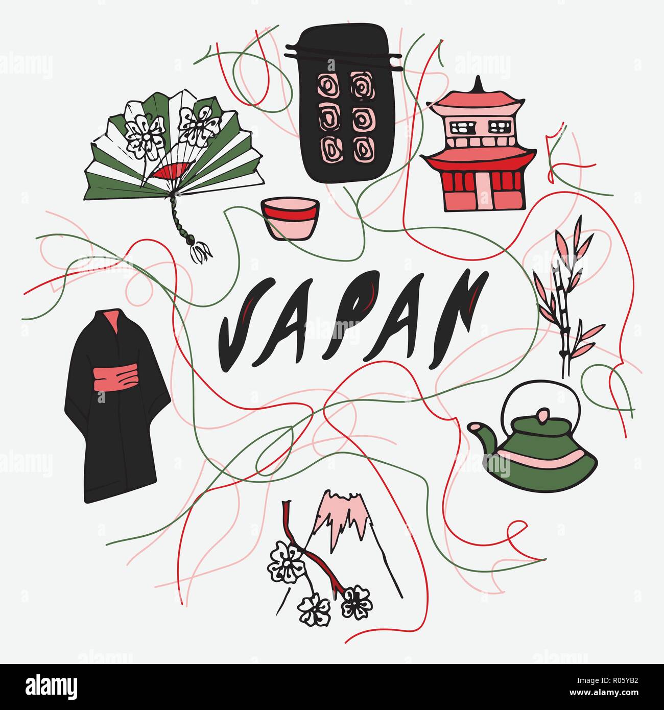 Illustration style doodle avec le Japon des symboles. Illustration de Vecteur