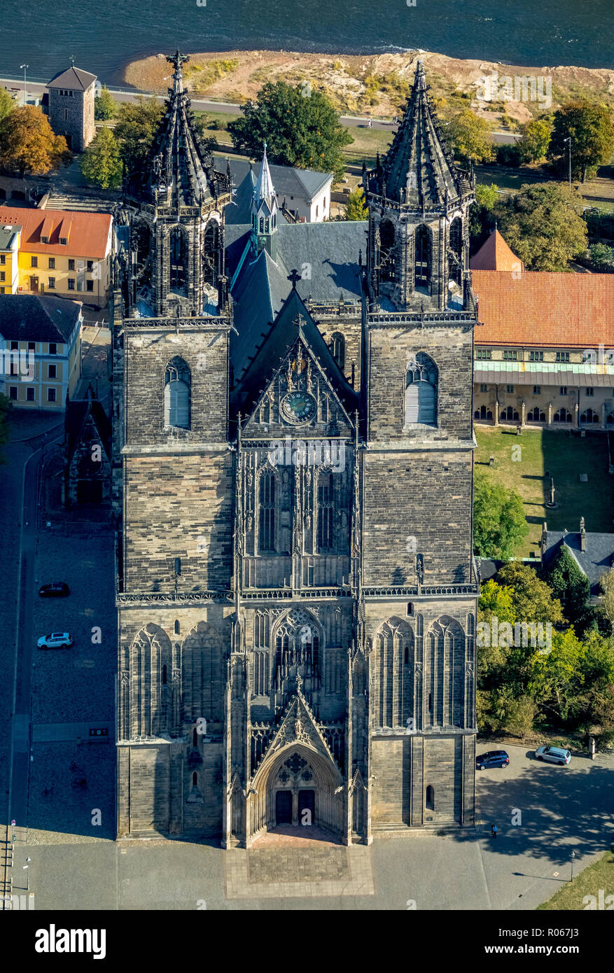 Vue aérienne, cathédrale de Magdeburg, Place de la cathédrale à côté du ministère de la Justice et l'égalité de Saxe-Anhalt, Magdeburg-Altstadt, Magdeburg, Saxe Banque D'Images