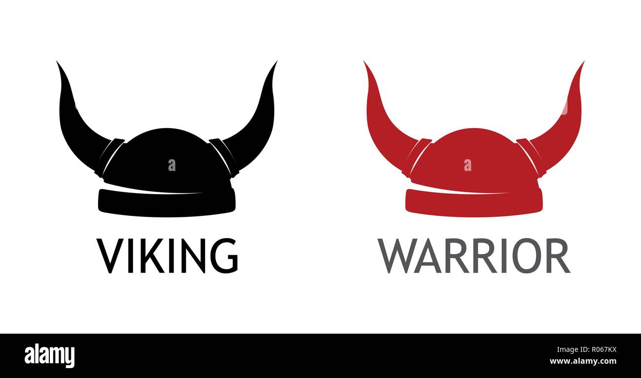 Logo avec casque à cornes Viking silhouette sur fond blanc avec légende. Illustration de Vecteur