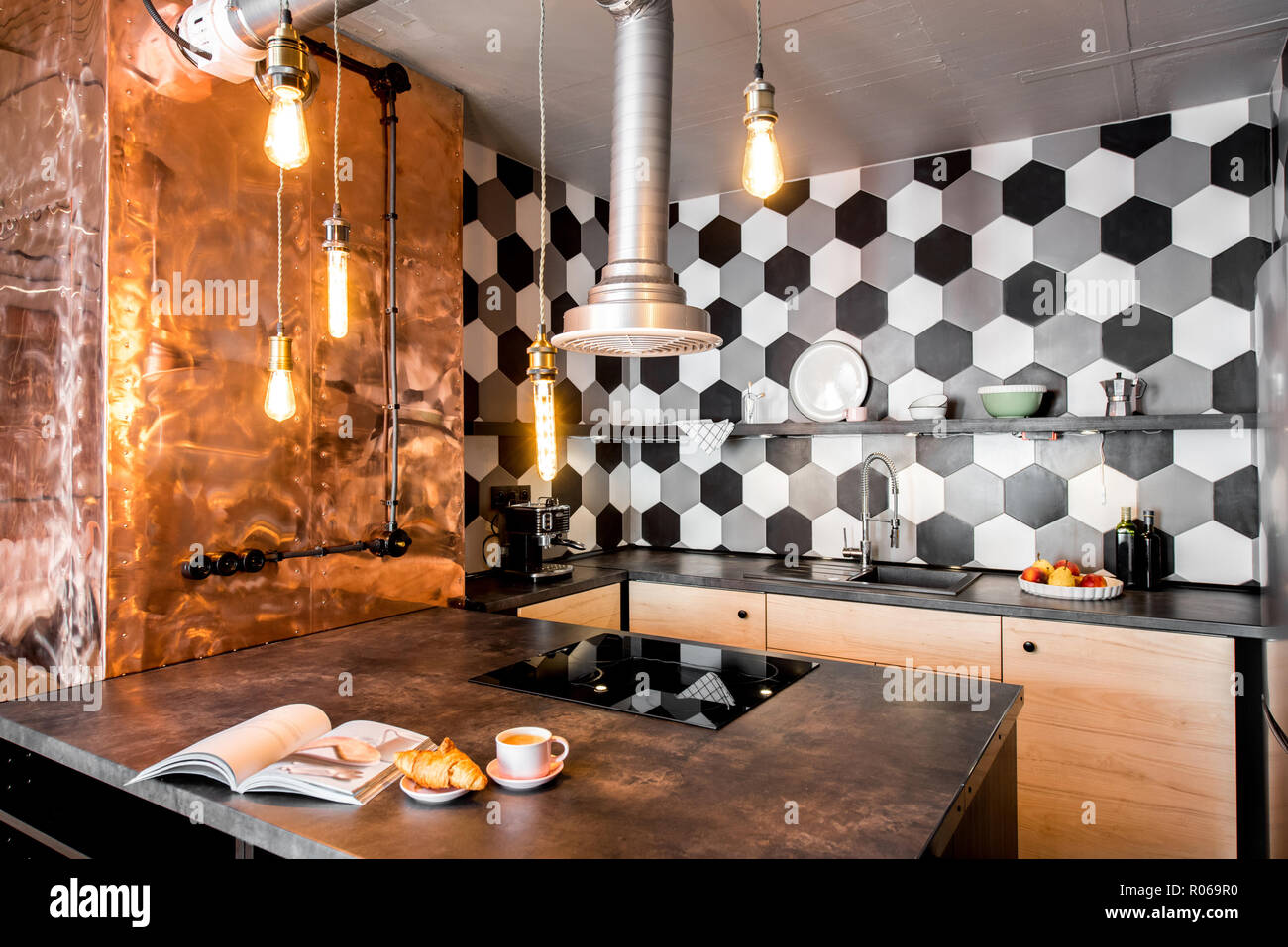 Loft Moderne Chambre Cuisine Faite En Rose Et Gris Avec Mur