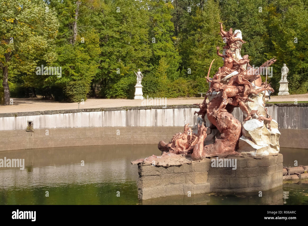 Vue horizontale de la fontaine dédiée à andromeda dans palais royal jardins de la Granja de San Ildefonso dans la province de Ségovie, Espagne Banque D'Images