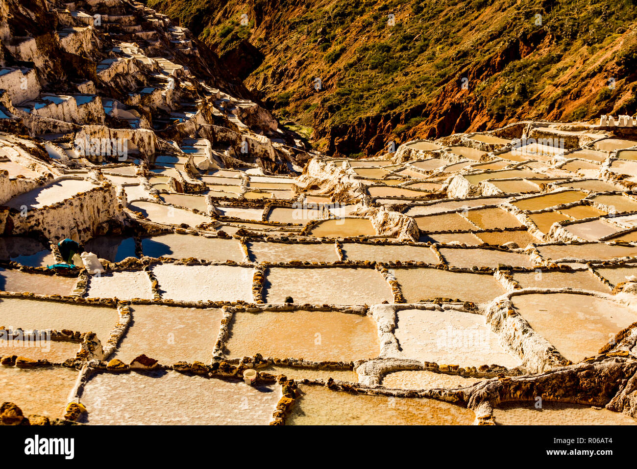 Terrasses de sel dans la vallée sacrée où les gens sont encore l'exploitation minière et de criblage des piscines en terrasses comme les Incas n il y a 1000 ans, le Pérou, Amérique du Sud Banque D'Images