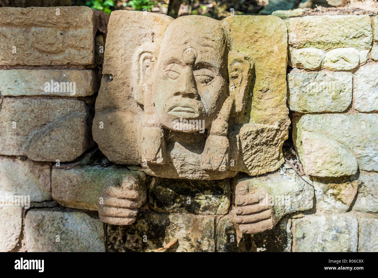 Un visage sculpté sur un mur de 29 en structure les ruines de Copan, UNESCO World Heritage Site, Copan, Honduras, Amérique Centrale Banque D'Images