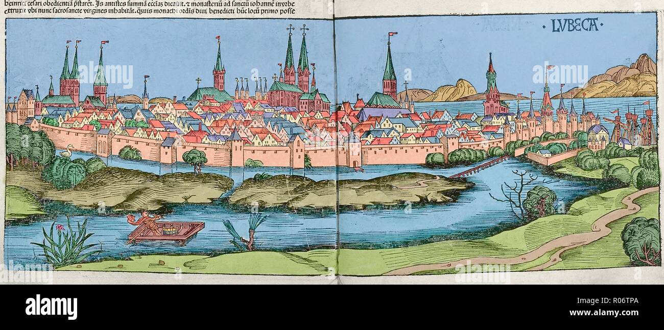 Lubeca, Alemania. La gravure. Liber Chronicarum de Hartmann Schedel, 1493. Coloreado. Banque D'Images