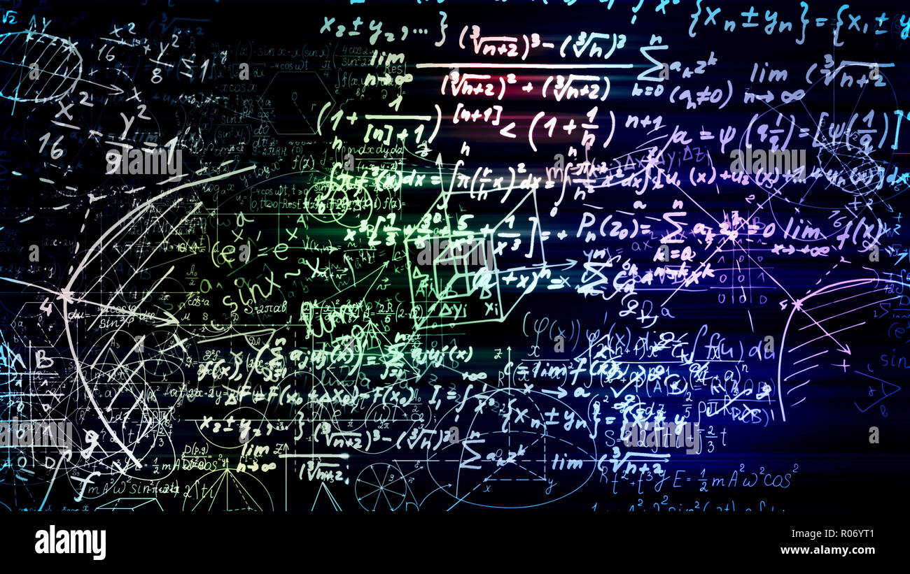 Le rendu 3D abstract blocs de formules mathématiques qui sont dans l'espace virtuel. L'intérieur de l'appareil photo les formules mathématiques Banque D'Images