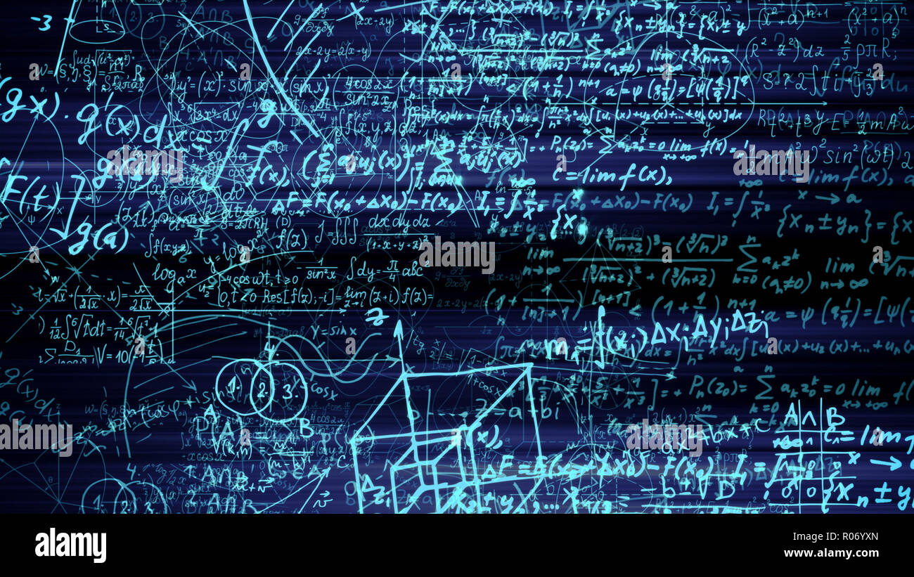 Le rendu 3D abstract blocs de formules mathématiques qui sont dans l'espace virtuel. L'intérieur de l'appareil photo les formules mathématiques Banque D'Images