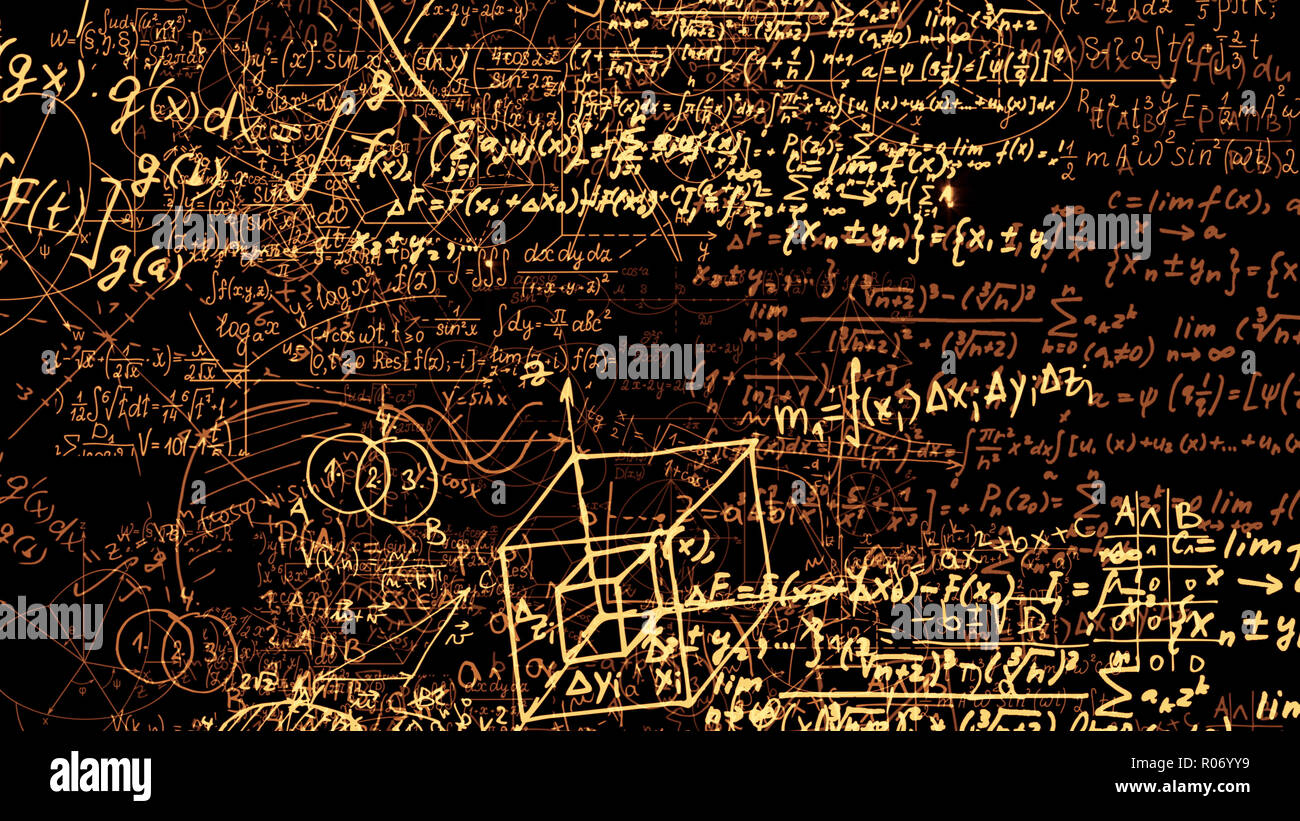 Le rendu 3D abstract blocs de formules mathématiques qui sont dans l'espace virtuel. L'intérieur de l'appareil photo les formules mathématiques Banque D'Images