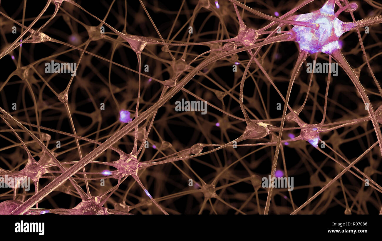 Le rendu 3D d'un réseau de cellules et de neurones synapses par lequel des impulsions électriques et les rejets d'adopter pendant la transmission des informations en Banque D'Images